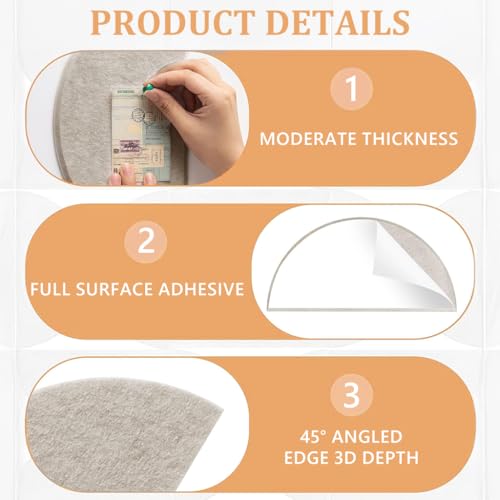 Image of Climberty 24Pcs Self-Adhesive Felt Bulletin Boards with 50 Push Pins, Semi-Circular Acoustic Wall Panels for Notice, Message & Home Office Decor (Light Camel-Khaki)