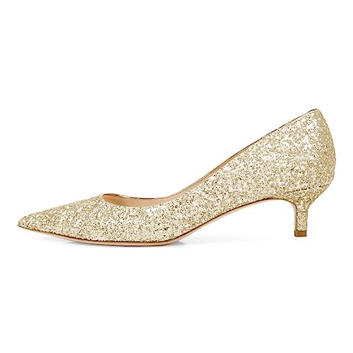 FYS Women Sparkling Glitter Slip on Pointed Toe Low Kitten Heel Pumps Work Office Dress Party Shoes Size 4-15 US2