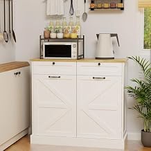 Kitchen Pantry Cabinet, Farmhouse Storage Cabinet with Tilt-Out Trash Can, 3 Door Shelves, 2 Drawers & 2 Shelves, Freestanding Wood Cupboard for Kitchen, Dining Room, Bathroom