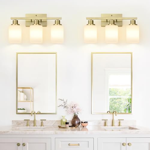 Image of MOKATNG 3-Light Bathroom Light Fixtures, Aged Brass Vanity Light with Milky White Shades, Bathroom Lighting Fixtures Over Mirror, Modern Bathroom Wall Lamp for Mirror Living Room Cabinet Bedroom