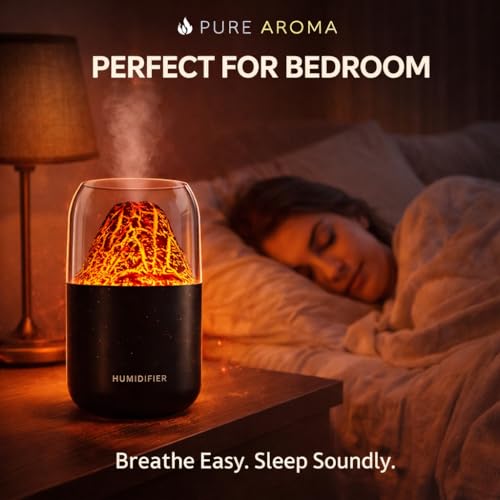 Image of Pure Aroma Volcano Shape Humidifier with Flame Effect LED Light | Ultrasonic Cool Mist Aroma Diffuser | USB Powered | Silent Operation | Ideal for Bedroom, Office & Car - 300ML