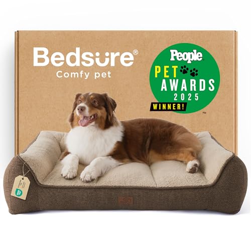 Image of Bedsure SupportMax Orthopedic Dog Beds Large Sized Dog - Extra Thick Supportive Large Dogs Bed with Waterproof Washable Cover, L Plus Comfort Pet Sofa with Soft Sherpa and Nonskid Bottom, Brown, 38 inch