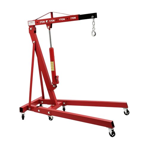 Grúa hidráulica de taller de 2 toneladas - Grúa de motor plegable de acero al carbono, elevador de motor con brazo ajustable, ruedas giratorias y marco reforzado, para garaje y taller (rojo)