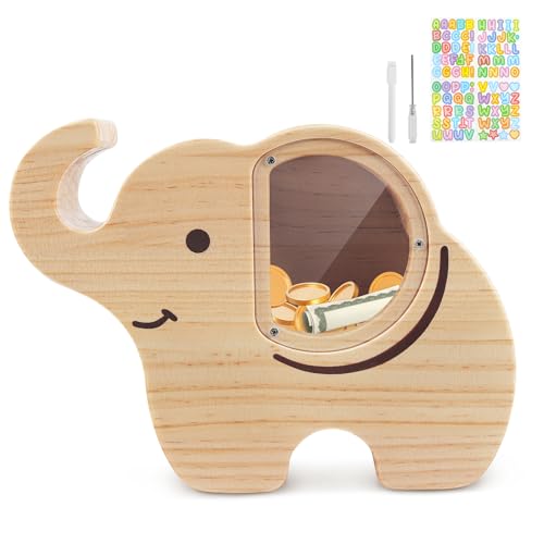 wooshwa Tirelire Enfant Fille Garçon, avec Marqueur & Autocollants Colorés, Tirelire en Bois Réutilisable, pour Aider Les Enfants à Commencer à Economiser -...
