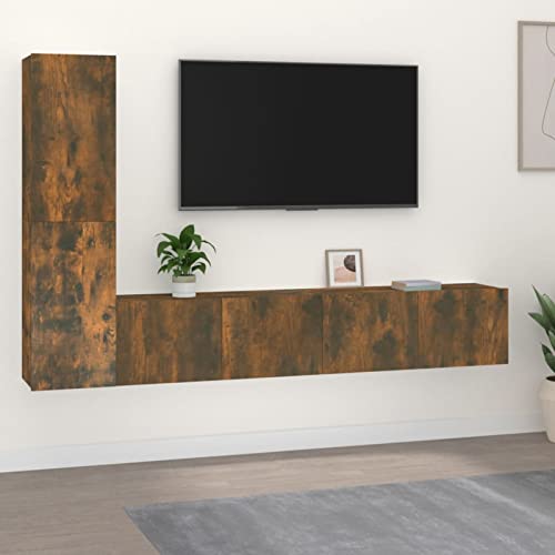 DJEKA 4pz Parete Attrezzata Soggiorno Mobili TV Soggiorno Moderni Sospesi Set di Mobili Porta TV in Legno Multistrato Rovere Fumo