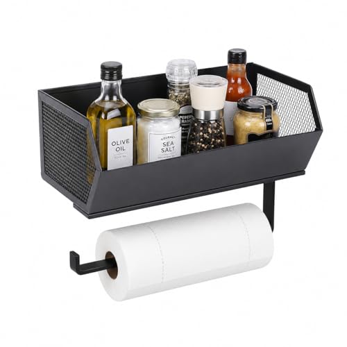 Yomjarl Magnetic Paper Towel Holder for Refrigerator with Shelf, Strong Fridge Organizer, Thick Metal Spice Rack, No Drill Kitchen Storage Basket, Open Design for Rolls, Jars and Wrap