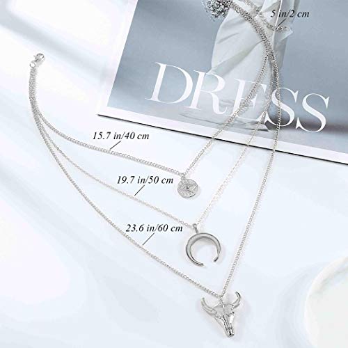 Twinklede Boho Layered Necklace Silver Moon Pendant Necklaces Chain Evil Eye Bull Head Necklace Jewelry For Women And Girls (Silver Moon Evil Eye) #TOP1