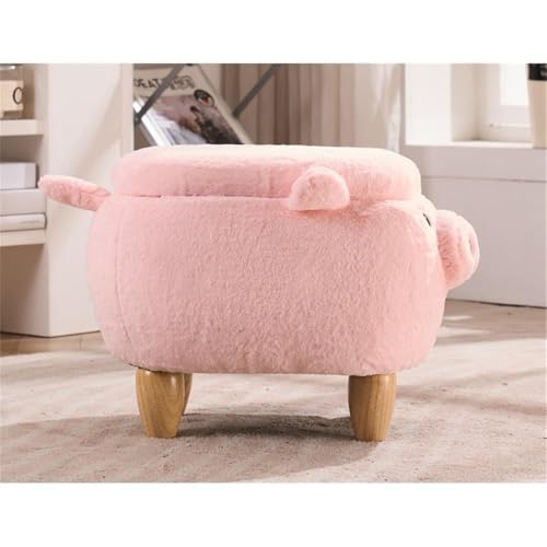 Image of Pemberly Row Kids Pig Fabric Storage Ottoman /Stool, Pink and Natural Finish, 14 in x 14 in x 22 in, Soft Furry Upholstery, Solid Wood Legs, Hidden Storage, No Tools Assembly, Nursery, Playroom or