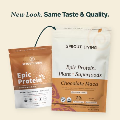 Image of Sprout Living Epic Protein, Plant Based Protein & Superfoods Powder, Chocolate Maca Powder | 20 Grams Organic Protein Powder, Vegan, Non Dairy, Non-GMO, Gluten Free, Low Sugar (1 Pound, 12 Servings)
