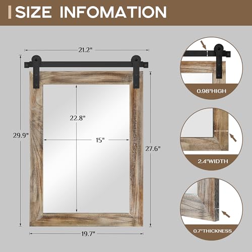 Image of COGOOD Farmhouse Barn Door Mirror - 22 x 30 Rustic Wood Framed Wall Mirror for Bathroom, Living Room, Entryway Wall Decor (Striped Brown)