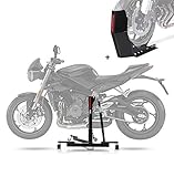 Ajustable para tamaños de rueda de aproximadamente 15 a 21 pulgadas y ancho de 90 a 180 mm - adecuado para todas las ruedas delanteras comunes y muchas ruedas traseras. Elevación fácil y segura de toda la moto con el elevador central