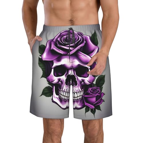 Purple Rose Skull Print Stylish Beach Shorts Swim Trunks Lightweight Breathable Summer Outdoor Activities