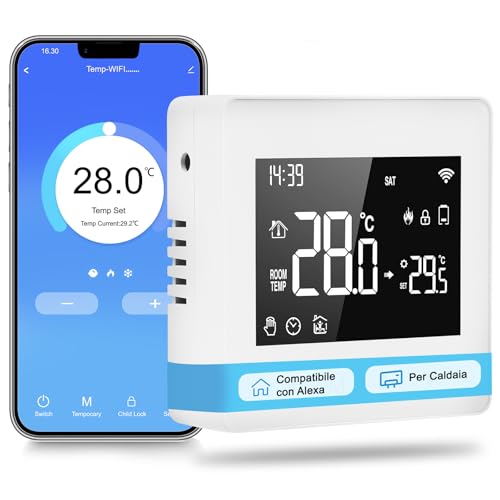 Termostato Wifi a Batteria, Termostato caldaia, Programmabile Giornalmente, per Alexa e Google Assistant, Risparmio Energetico, 3A, Bianco