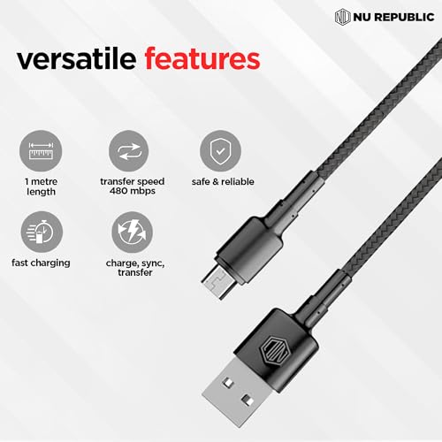 Image of Nu Republic Blaze Silk Micro Tangle Free USB 3.1A Unbreakable Rugged & Nylon Braided Charging Cable (Black)