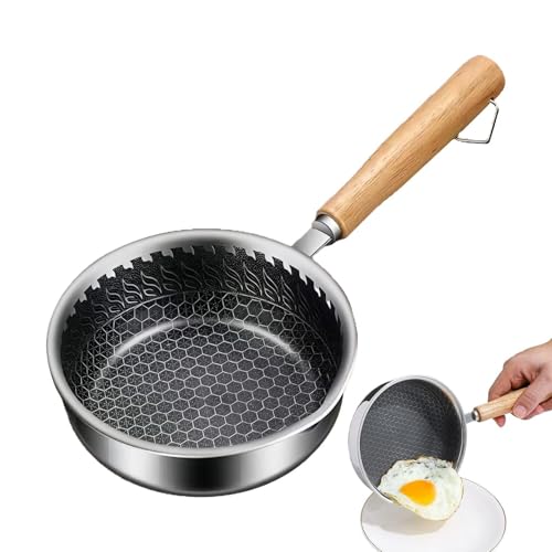 Non Stick Frying Pan - Wooden Handle Skillet Grill Pan | Stainless Steel Mini Pot With Pour Spout For Eggs Fish Vegetables Meat 