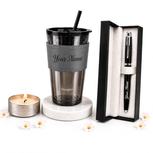 Image of Personalized Glass Tumbler with Straw & Rudraksha Rakhi Set | Custom Name Engraved Coffee Mug | Raksha Bandhan for Brother | Unique Rakhi Hamper | Personalized Present for (Gray Leather Black Pen)