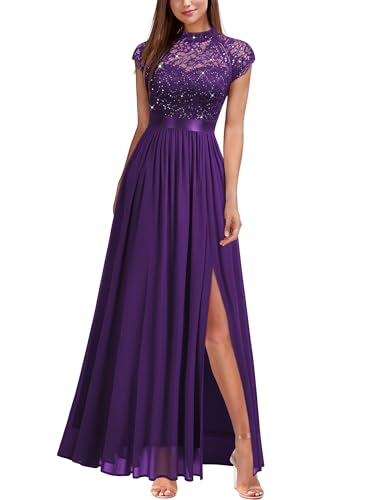 Miusol Women's Elegant Sequin Lace Contrast Chiffon Split Style Evening Party Maxi Dress (Large...