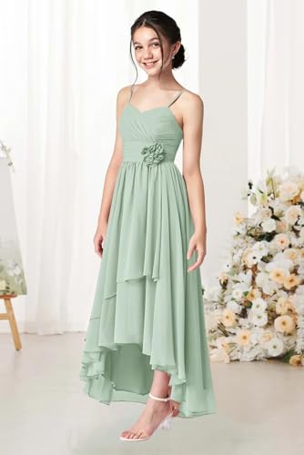 Asymmetrical Junior Bridesmaid Dresses A-Line Ruched Chiffon Flower Girl Dress Spaghetti Straps Formal Party Gown3