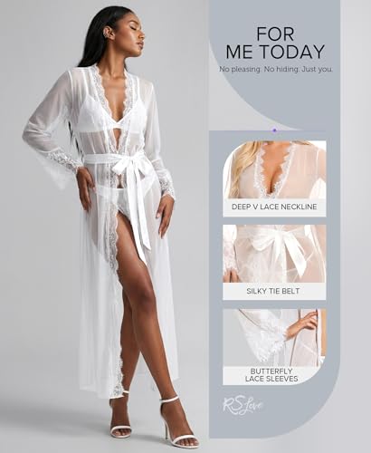 Image of RSLOVE Lingerie for Women Sexy Long Lace Kimono Robe Mesh Chemise Lace Gown Swimsuit Cover Up