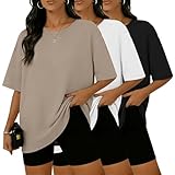 HOPLYNN 3 Pack Womens Oversized T Shirts Loose Fit Crew Neck Summer Short Sleeve Plus Size Tops 2026 Fashion Workout Tees 1 Black 1 Khaki 1 White Large