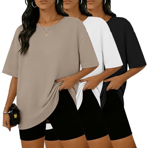 HOPLYNN 3 Pack Womens Oversized T Shirts Loose Fit Crew Neck Summer Short Sleeve Plus Size Tops 2026 Fashion Workout Tees 1 Black 1 Khaki 1 White Large