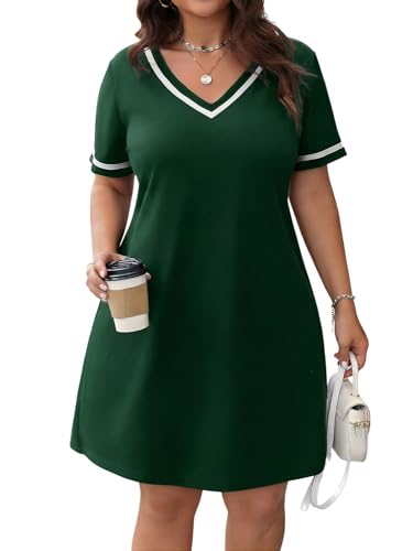 Image of Verdusa Women's Plus Size A Line T Shirt Dress Short Sleeve V Neck Tunic Dresses Casual Outfits