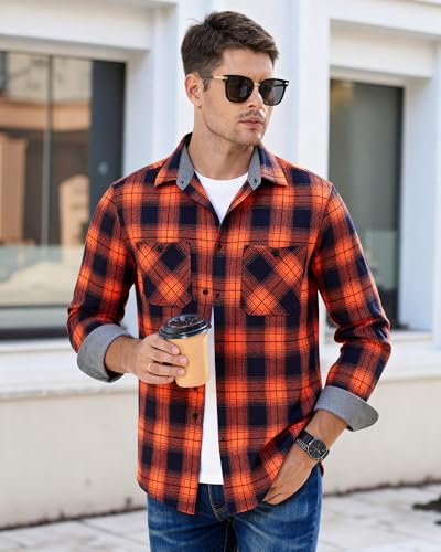 Image of WARHORSEE Flannel Shirt for Men Long Sleeve Button Down Plaid Shirts | Soft Cotton Blend for Multi-season Wear, Lightweight yet Warm, Dual buttoned storage pockets, Machine Washable Easy Care