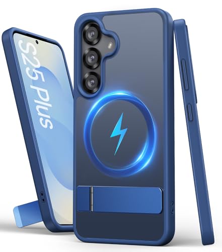 Image of Vihibii for Samsung Galaxy S25+ Plus Magnetic Back Cover with Stand, [Compatible with MagSafe], Drop Protection Rugged Shockproof Back & Translucent Matte Phone Case for S25+ Plus, Dark Blue