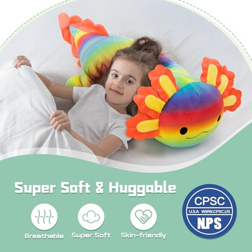 Image of BENINY Large Axolotl Plush Toy, 39 inch Giant Axolotl Stuffed Animal Plush, Big Huggable Toys Gift for Girls Kids, Long Squishy Pillow for Holiday Birthday Christmas, Rainbow