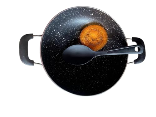 Tanish Trading Cookware Deep Fry Kadhai with Glass Lid 3 Layer Coating Non-Stick Aluminium Frying Pan Kadai Multi Use Wok Suitable For Indian Cooking, Sauces, Pasta, Stews, Soups Round Bottom, 28 cm