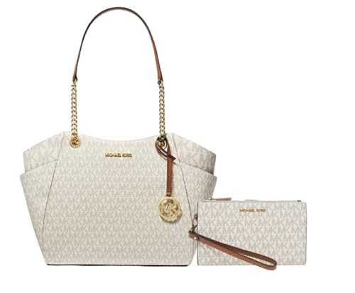 Bolsa de ombro com logotipo grande Michael Michael Kors Jet Set para viagem com zíper duplo (Baunilha)