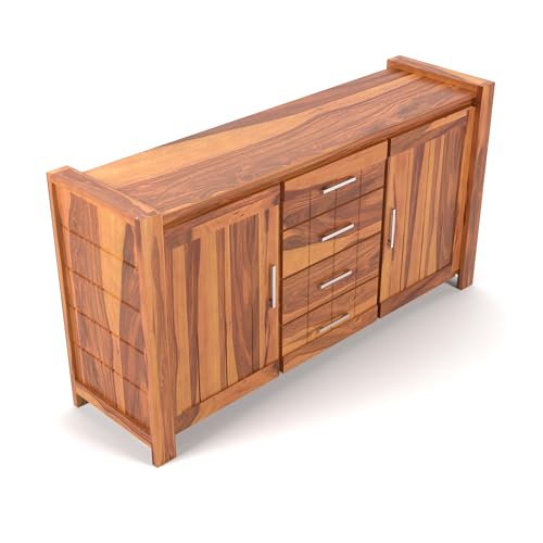 Image of Solid Sheesham Wood Wooden Sideboard Storage Cabinet & Chest of Drawer : Ideal for Living Room and Bedroom with 4 Drawers and 4-Shelf Storage (Chevalier, Honey Finish)