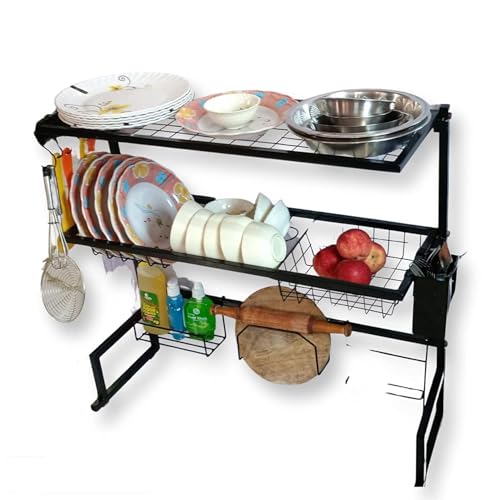 Image of 3 Tier Adjustable Height Kitchen Dish Rack over Sink for Double Sink, Black Dish Drying Rack MS Steel Display, Rust Proof