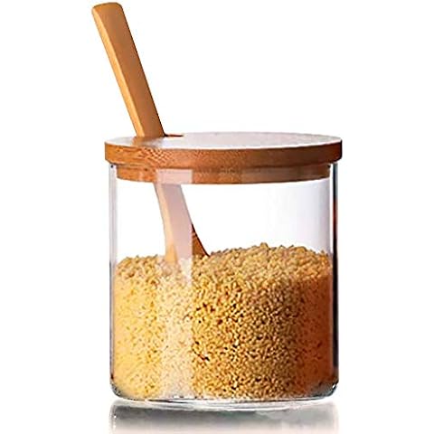 FANTESTICRYAN Clear Glass Condiment Canister with Bamboo Lid & Spoon, Kitchen Storage Container (1) Cover