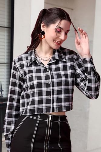 Image of POPWINGS Casual Pure Cotton Checks Crop Shirt for Women | Stylish Western Crop Shirt for Women | Full Sleeves Crop Shirt for Women