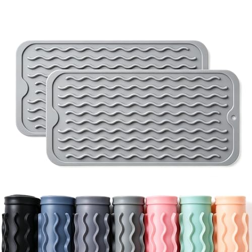 Image of 2 Pack Caketime Silicone Dish Drying Mat for Kitchen Counter Bathroom Under Sink Protector Faucet Drip Catcher Absorbent Liner Washer Dryer Countertop Organizer Drain Tray 12 inchx6 inch Light Gray