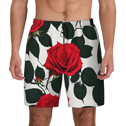 Rustic Red Rose Print Men Stylish Functionality Swim Trunks Breathable Beach Shorts Surfing Gym Fishing