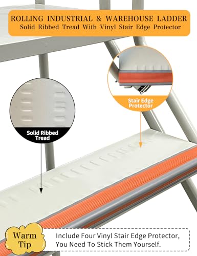 Image of 4 Steps Ladder with Wheels, Industrial & Warehouse Step Ladder, Rolling Steps Ladder with Vinyl Stair Edge Protector, 23.6IN Wide, 39.4IN top Step Height, 445LBs Capacity.