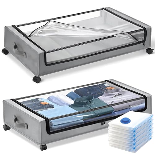 Scettar 2 pcs Cajas Almacenaje Ropa 45L Caja Bajo Cama con Ruedas de 360 Marco Metálico Organizador Ropa con Ventana Transparente Cajones Bajo Cama Organizador de Canape para Zapatos Mantas Juguetes