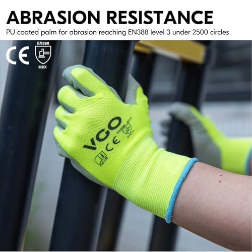 Image of Vgo... 15-Pairs Safety Work Gloves, Gardening Gloves, Polyurethane Coated, Dipping Gloves, Latex Free (Size M, Yellow, PU2103)