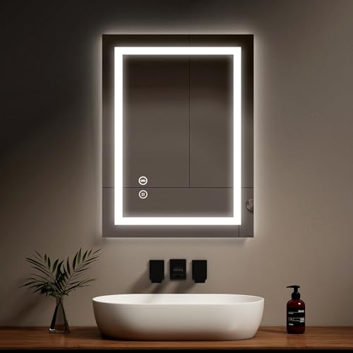 EMKE 800 X 600 mm Illuminated Bluetooth Bathroom Mirror with Shaver Socket, Wall Mounted Multifunction Bathroom Vanity Mirror with LED Lights and Demister Pad, Energy-Saving LED Smart Mirror