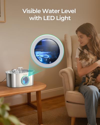 Invengo Katzenbrunnen Edelstahl, Trinkbrunnen für Katze mit 2 Trinkstellen, LED-Anzeige, Wasserstandsanzeige und 5-Fach Filtersystem - Leiser Trinkbrunnen für Katzen und Kleine Hunde, 2.2L
