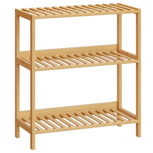 Image of HOOBRO Bamboo Storage Shelf, 3-Tier Freestanding Shelving Unit, Multifunctional Storage Rack with Back Panel, 23.6 x 10.2 x 26 inches, for Bathroom, Living Room, Balcony, Kitchen, Natural YL94CJ01
