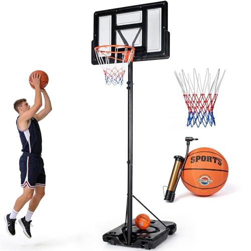 Canasta de baloncesto exterior con soporte y ruedas, altura regulable 135 – 305 cm. Incluye 7 pelotas, bomba y 2 bolsas de arena de 25 kg. Portátil, resistente a la intemperie, interior y exterior