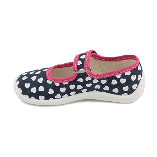 Klaudia 5817 Little Girls' White Hearts Pattern on Navy Blue Natural Canvas Hook-and-Loop Mary Jane Flat4