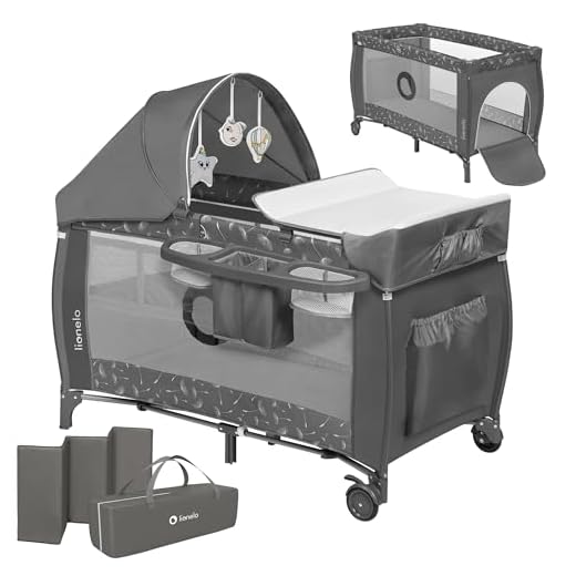 LIONELO Sven 2in1 Box bambini dalla nascita fino 15kg Lettino pieghevole con Fasciatoio baldacchino Giocattoli Pendenti Ingresso laterale aggiuntivo Sistema LockGuard (Grey, Lettino Rettangolare)