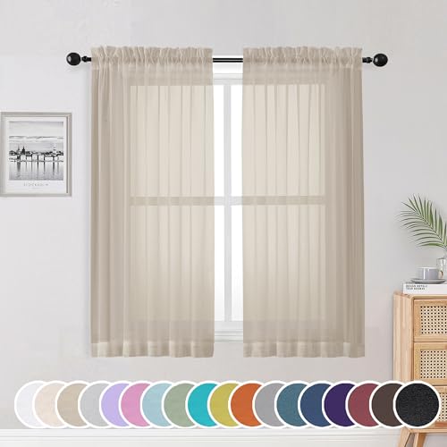 Image of OWENIE Taupe Sheer Curtains 54 Inch Length 2 Panels Set, Rod Pocket Fimly Voile Short Curtains for Living Room, Taupe Solid Window Curtain Panels for Bedroom, Each 42Wx54L inch