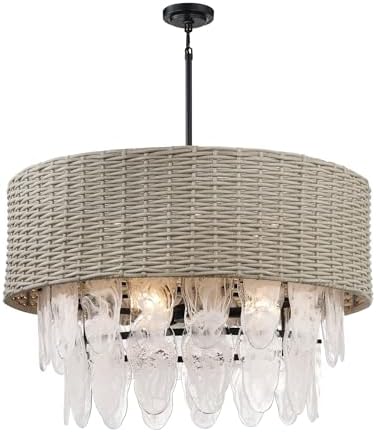 Minka Lavery 5297-66A Breakers Isle White Swirl Glass and PE Rattan Shade Pendant Ceiling Light, 9-Light 540 Total Watts, 23" H, Coal Black