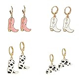 Cute Western Cowgirl Cowboy Boot Hat Drop Dangle Earrings Pink Enamel Love Heart Y2k for Women Party Fancy Rodeos Dress Costume Christmas Jewelry (4 Pairs/Set) -  SHANHU