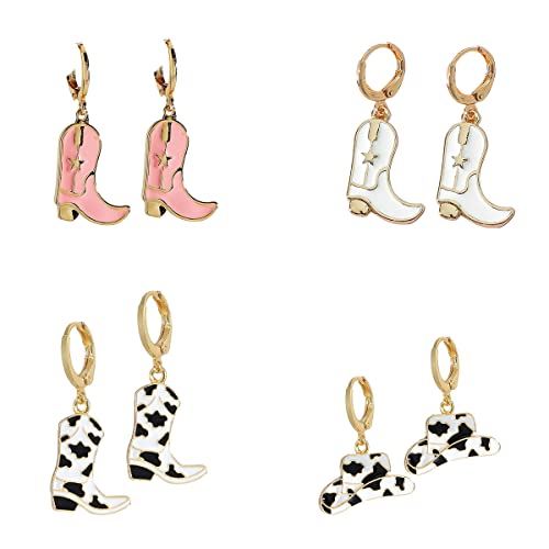 Cute Western Cowgirl Cowboy Boot Hat Drop Dangle Earrings Pink Enamel Love Heart Y2k for Women Party Fancy Rodeos Dress Costume Christmas Jewelry (4 Pairs/Set) -  SHANHU